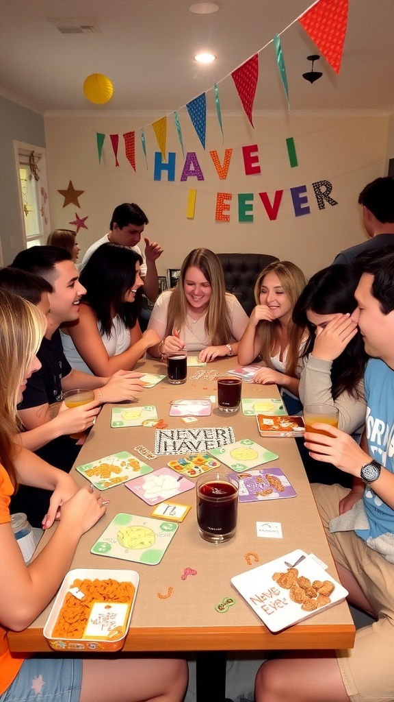 Funny Never Have I Ever Questions for a Juicy Game Night Friends enjoying a game night playing Never Have I Ever, laughing and sharing funny stories.